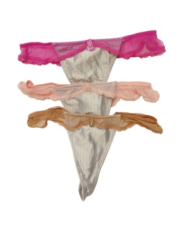 Lot de 24 String ficelle, tissu effet satiné. Bande de dentelle sur le pourtour de la taille. Extensible. 2 tailles S/M et L/XL.