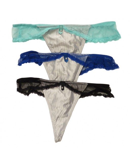 Lot de 24 String ficelle, tissu effet satiné. Bande de dentelle sur le pourtour de la taille. Extensible. 2 tailles S/M et L/XL.