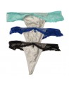 Lot de 24 String ficelle, tissu effet satiné. Bande de dentelle sur le pourtour de la taille. Extensible. 2 tailles S/M et L/XL.