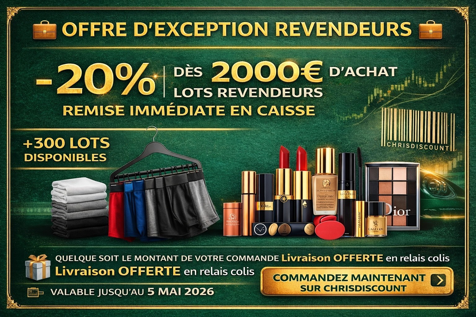 STOP AFFAIRE - A NE PAS MANQUER - OFFRE EXCEPTIONNELLE POUR LES REVENDEURS Dès 2000€ d’achat -20% DE RÉDUCTION IMMÉDIATE EN CAISSE !
